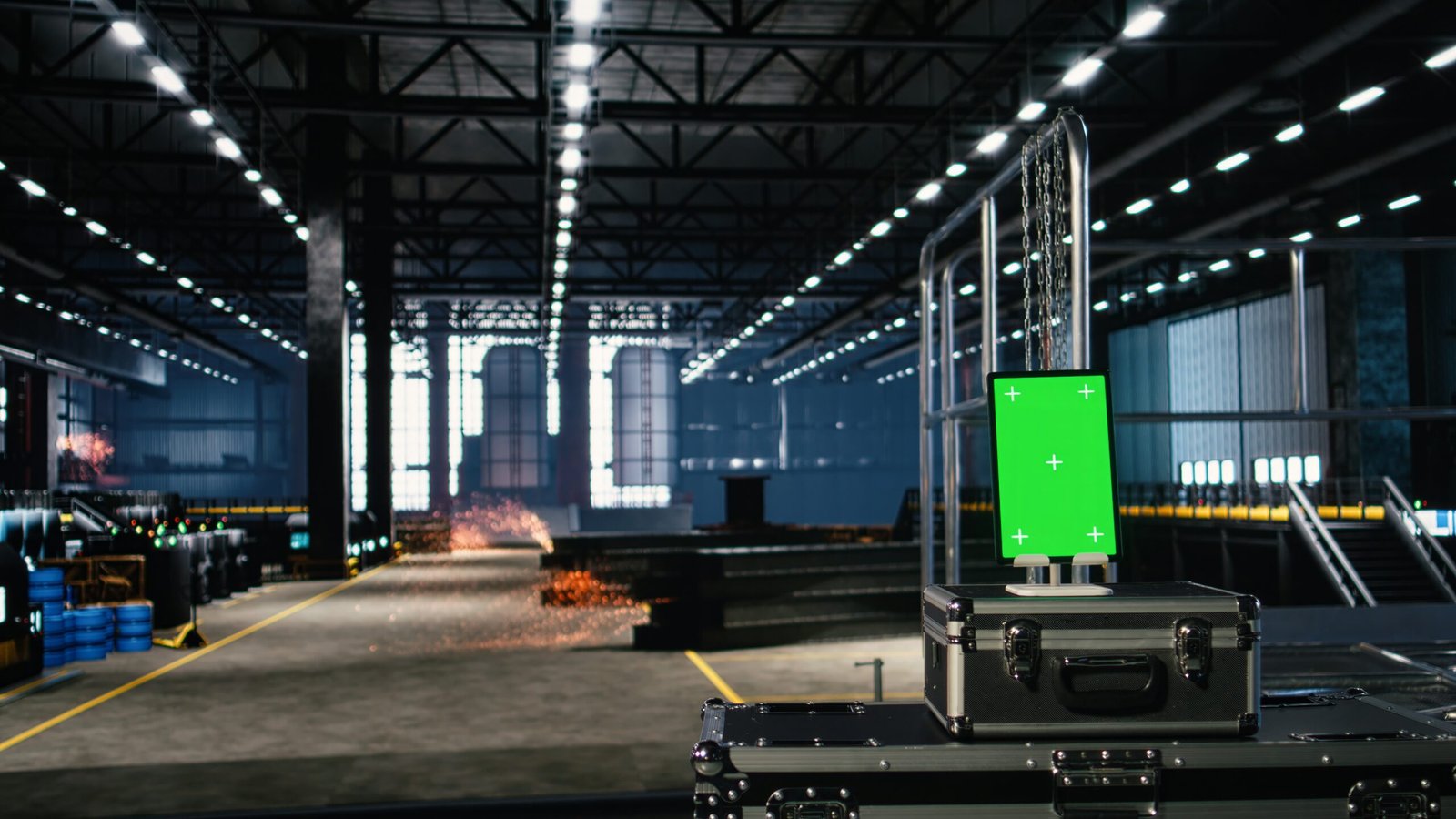 Vertical green screen in a heavy industry factory features metallic pipes